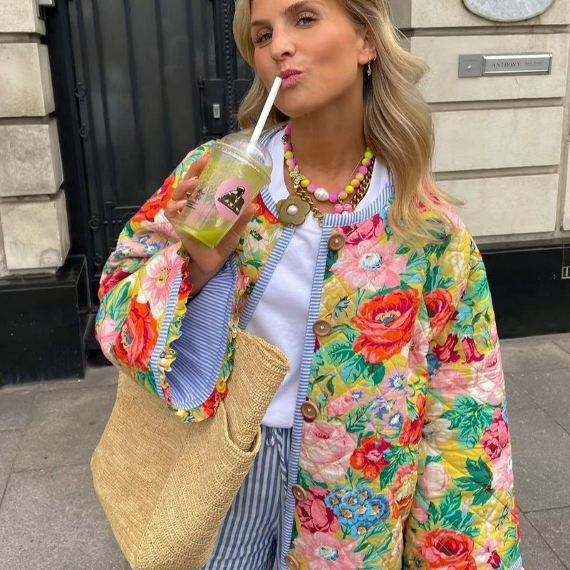 23 JM213 AliExpress women's autumn flower print loose quilted cotton coat coat women's top