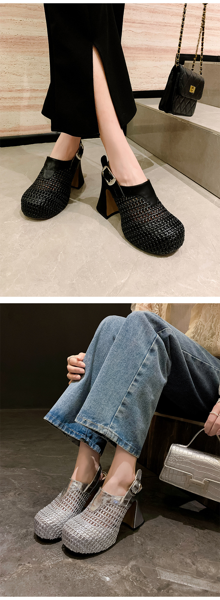 Sandal cao gót nữ đế xuồng platform dệt kim vàng, gót 10 cm, phong cách La Mã — Màu đen, Màu vàng, Màu bạc chi tiết 16