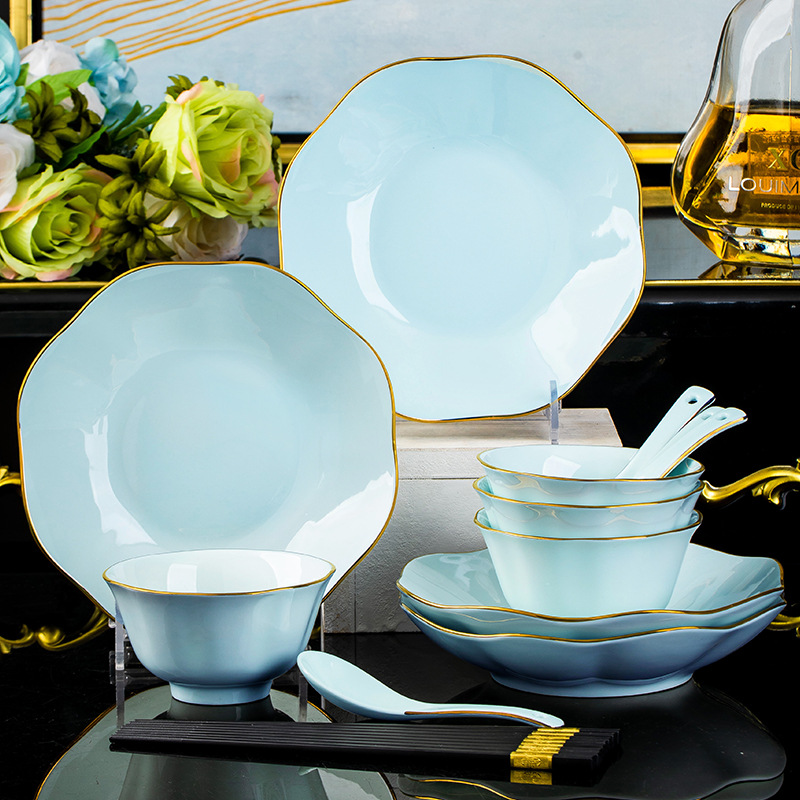 23景德鎮陶瓷碗餐具套裝描金蓮花骨瓷飯碗家用陶瓷碗盤碟組合禮品