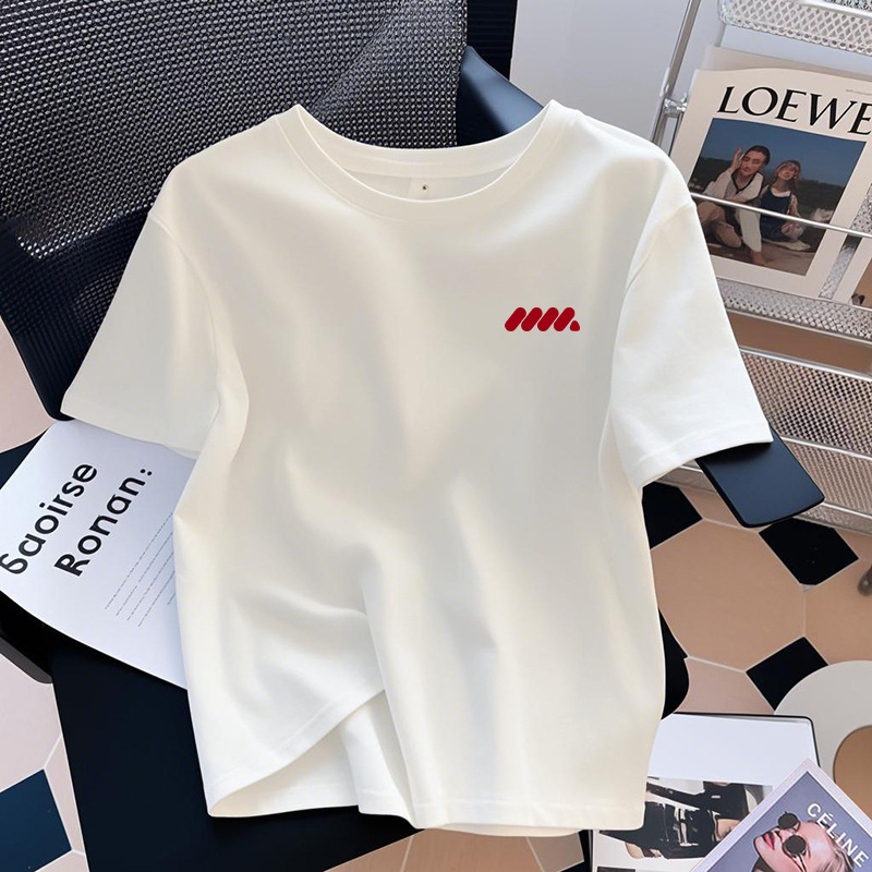 White Cotton Right Shoulder Short-Sleeved T-Shirt for Women 2025 Summer New Hot Style Milky Apricot Color Loose Versatile Texture Top Ins