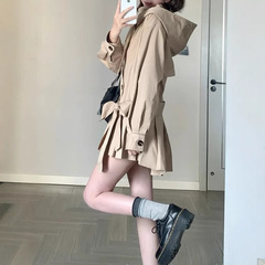 百褶风衣裙法式气质立领高级感长袖连衣裙女早秋
