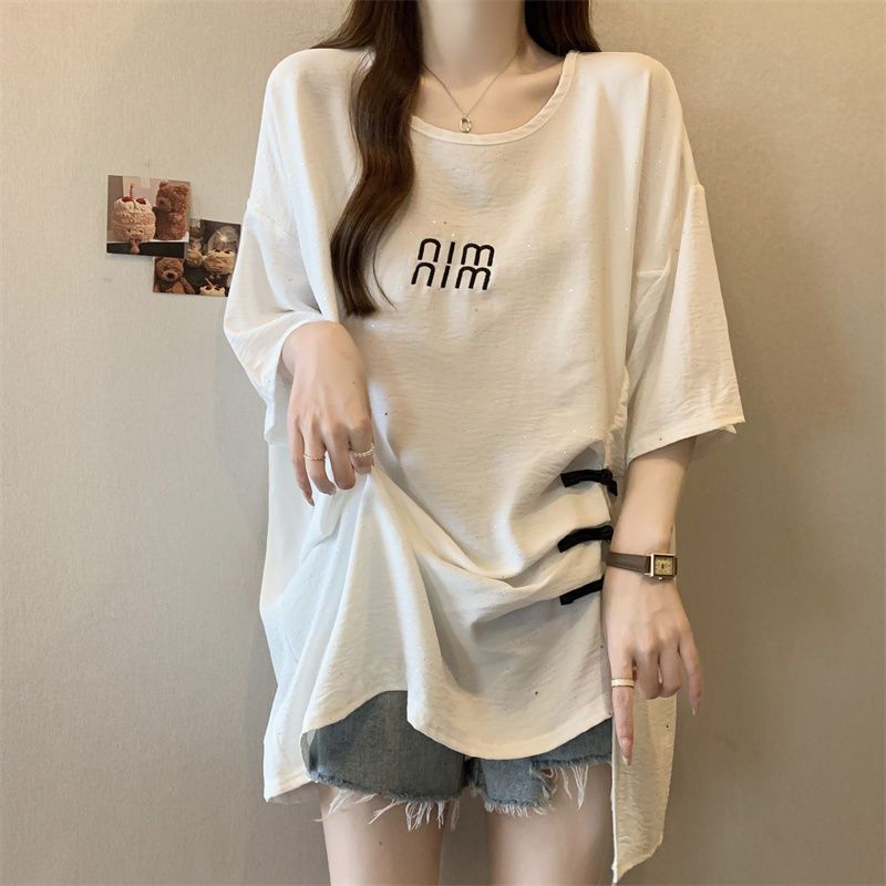 Nueva camiseta de manga corta con hebilla de disco de estilo nacional chino para mujer verano nuevo estilo suelto y delgado top de lentejuelas con pliegues irregulares para mujer ins