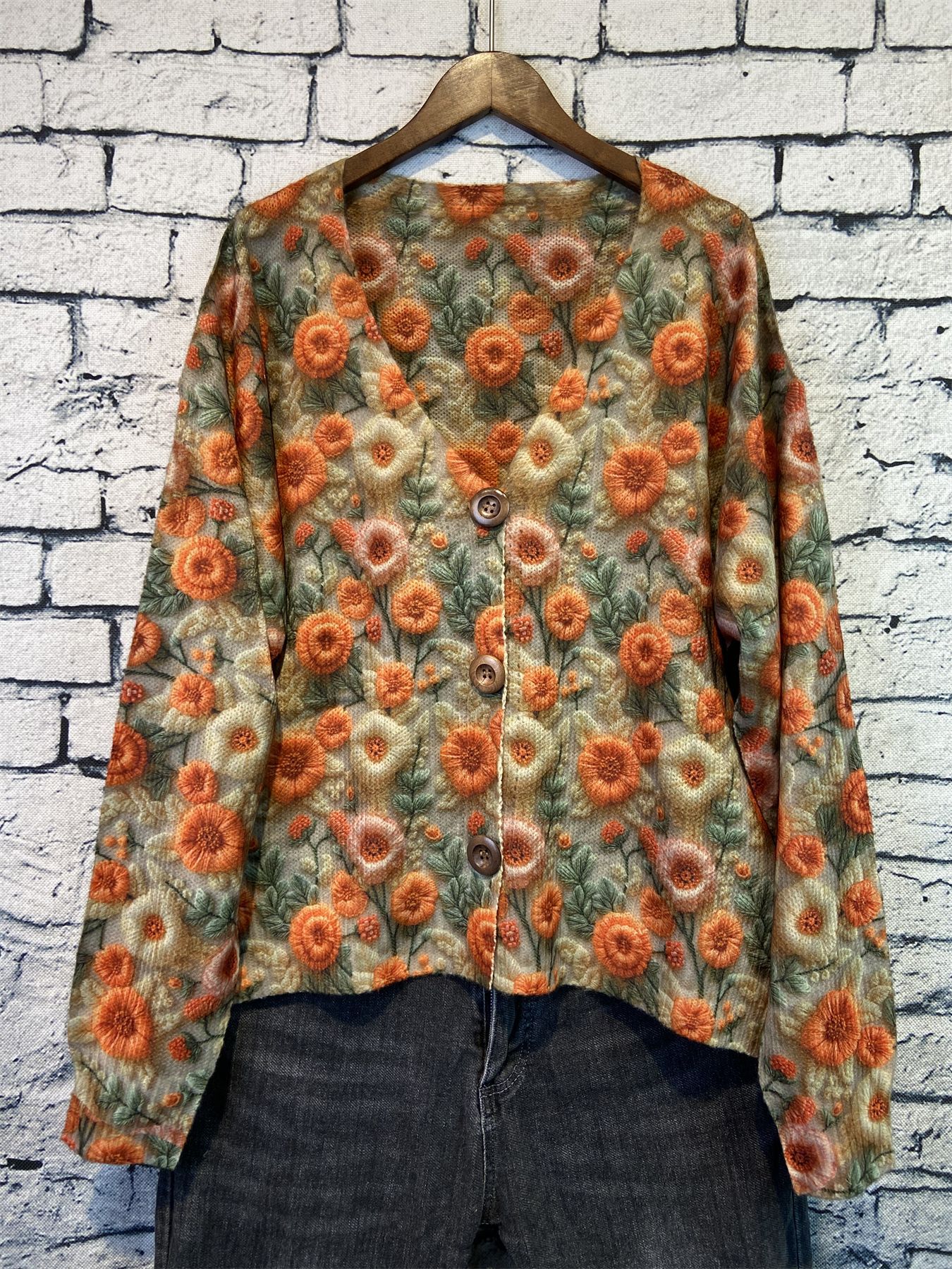 Plus Size Women's Long Sleeve Cardigan Sweater Loose Tops Cropped Knitted Floral Pattern V Neck Buttoned Coat Fashion