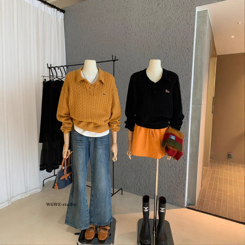 【Wgwe】Dachshund Embroidered Thick Twill Polo Collar Women's Turn-Down Collar Knit Sweater Warm Sweater W7786 【Wgwe】Dachshund Embroidered Thick Twill Polo Collar Women's Turn-Down Collar Knit Sweater Warm Sweater W7786