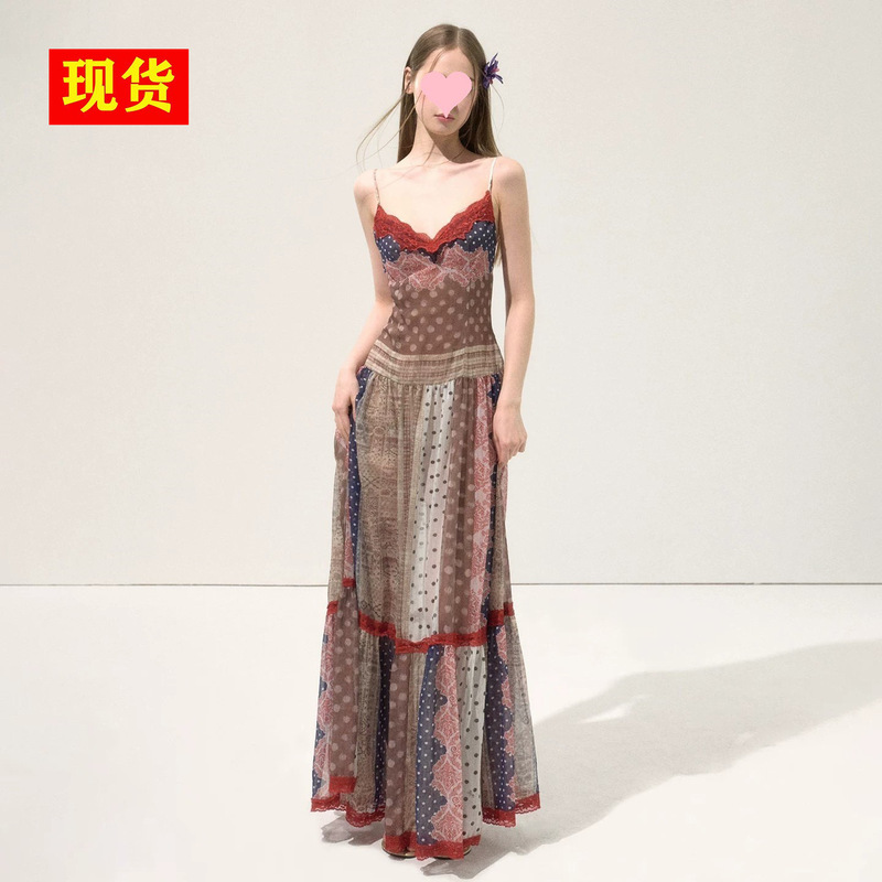 In Stock 4.16 New Product 2026 Summer New Vintage Print Patchwork Long Strap Dress