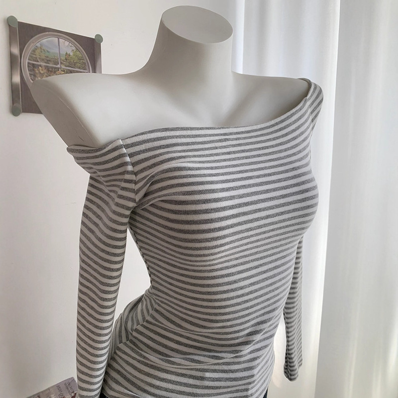 Off-Shoulder Stylish Fashion Hot Girl Striped Slim-Fit Long-Sleeve T-Shirt Top for Women