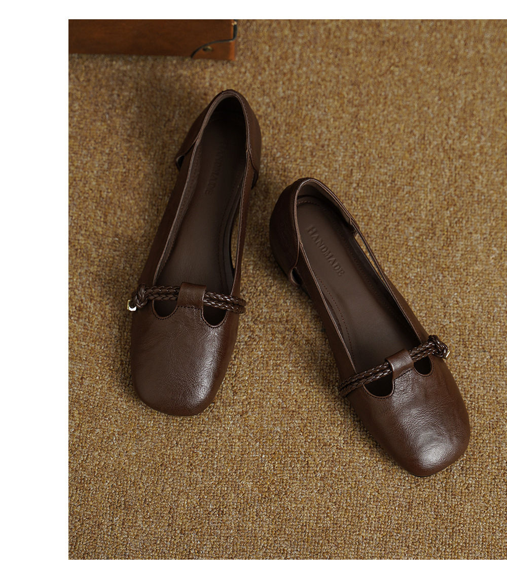 Sandal nữ da cừu mũi kín đế xuồng gót cao 9 cm phong cách Hàn Quốc — màu nâu chi tiết 13
