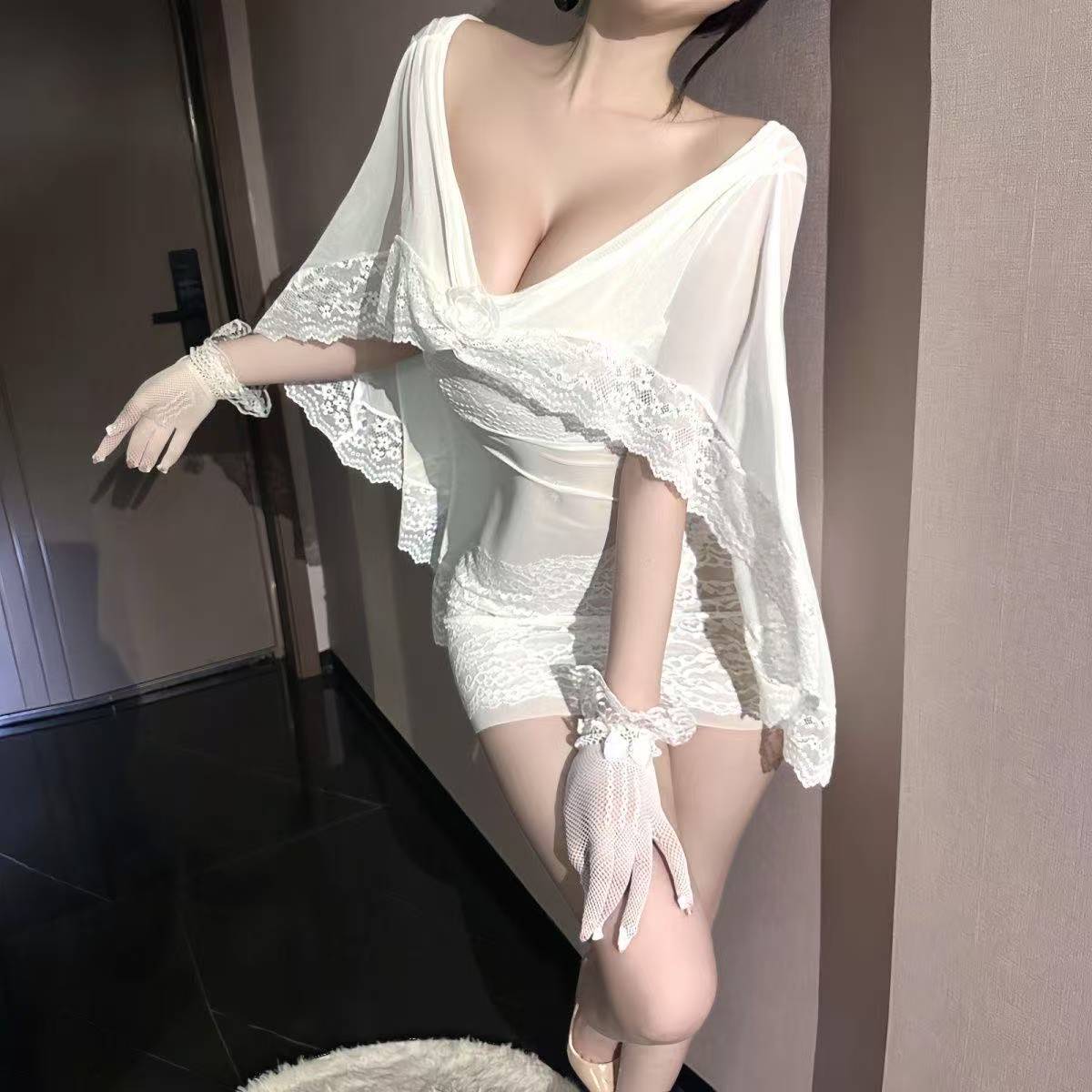 See-Through Lace Maid Costume Mini Dress with Stockings and Gloves, White One Size — detail image 6