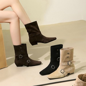 8628-1 Retro Western Boots Fashion Short Boots Square Head Belt Buckle Thick Heel Suede Folding Two Wear Mid heeled Boot
