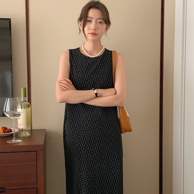 韩国chic夏季复古气质圆领宽款无袖设计感满屏小碎花连衣裙长裙女|undefined