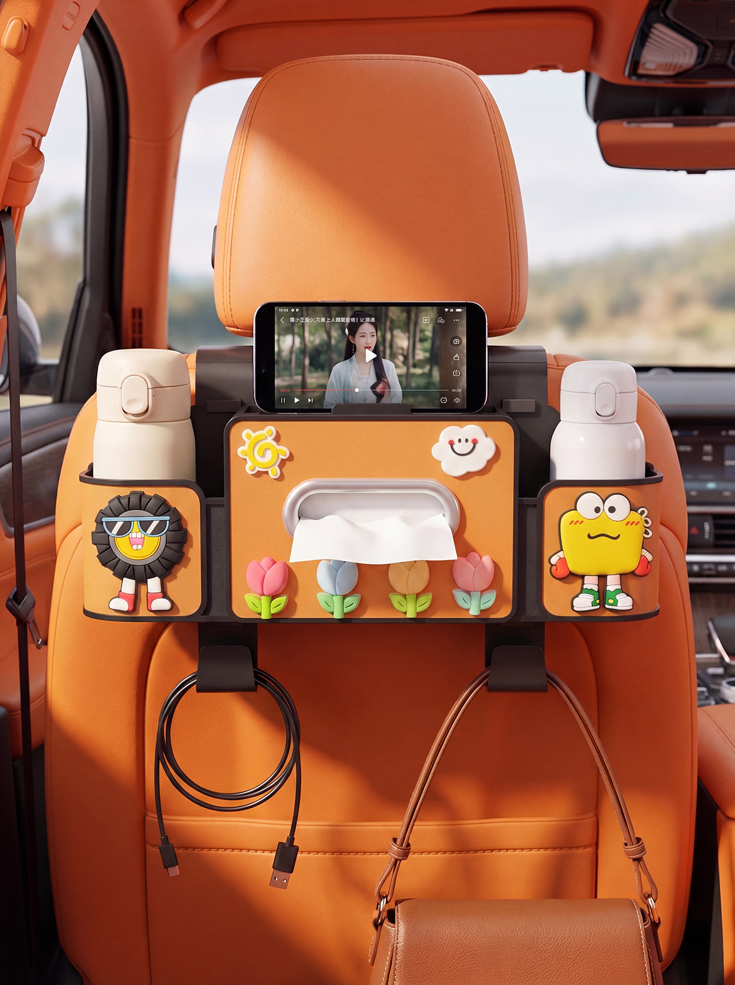 Car seat tissue box, rear storage box, in-car hook organizer, car seat back multifunctional cup holder, cartoon design