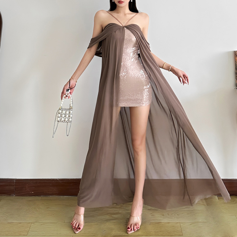 Cross-Border European and American Style 2025 New Autum Women's Off-Shoulder Cross-Strap Sequin Cape Long Slim Dress