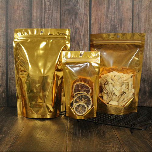 pe packaging bag transparent yin and yang plastic ziplock bag golden self-standing ribbed food sealing bag wholesale