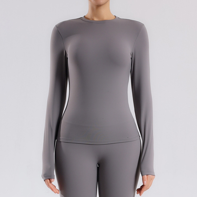 Europa y América dos lados abrasivos desnudos ropa de yoga de mangas largas mujeres de alta intensidad correr pilates ropa de ejercicio de mangas largas