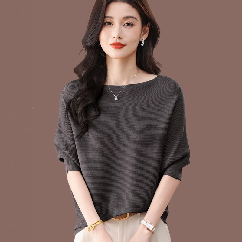 One-Shoulder Batwing Sleeve Pullover T-Shirt for Women, Thin Loose Short Silk Knit Top, Solid Color Short-Sleeve Shirt One-Shoulder Batwing Sleeve Pullover T-Shirt for Women, Thin Loose Short Silk Knit Top, Solid Color Short-Sleeve Shirt