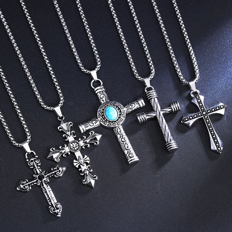 New Retro Cross Fashion Pendant Street Trend Hip-Hop Versatile Necklace Personalized Men's and Women's Titanium Steel Sweater Chain