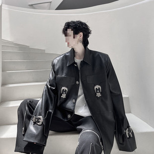 Trendy Brand Heavy Industry Profile Shoulder Pad PU Leather Jacket Coat Metal Buckle Decorative Top Men's Niche Deconstruction Tooling Motorcycle