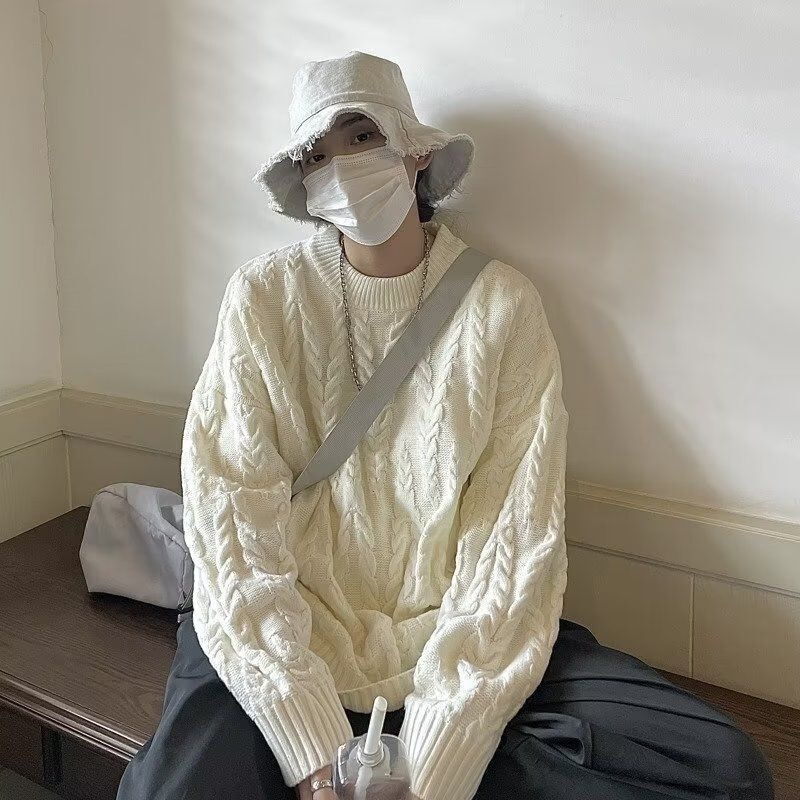 Japanese-style loose cable-knit sweater for men and women, Korean design, casual and Hong Kong-style, round-neck knitted jacket for men
