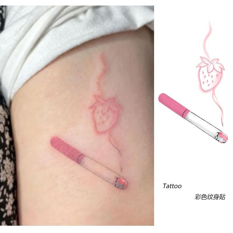 New Strawberry Pink Smoke Small Pattern Tattoo Sticker Waterproof Long-lasting Realistic Painted Women's Cute Sweet Ins Style
