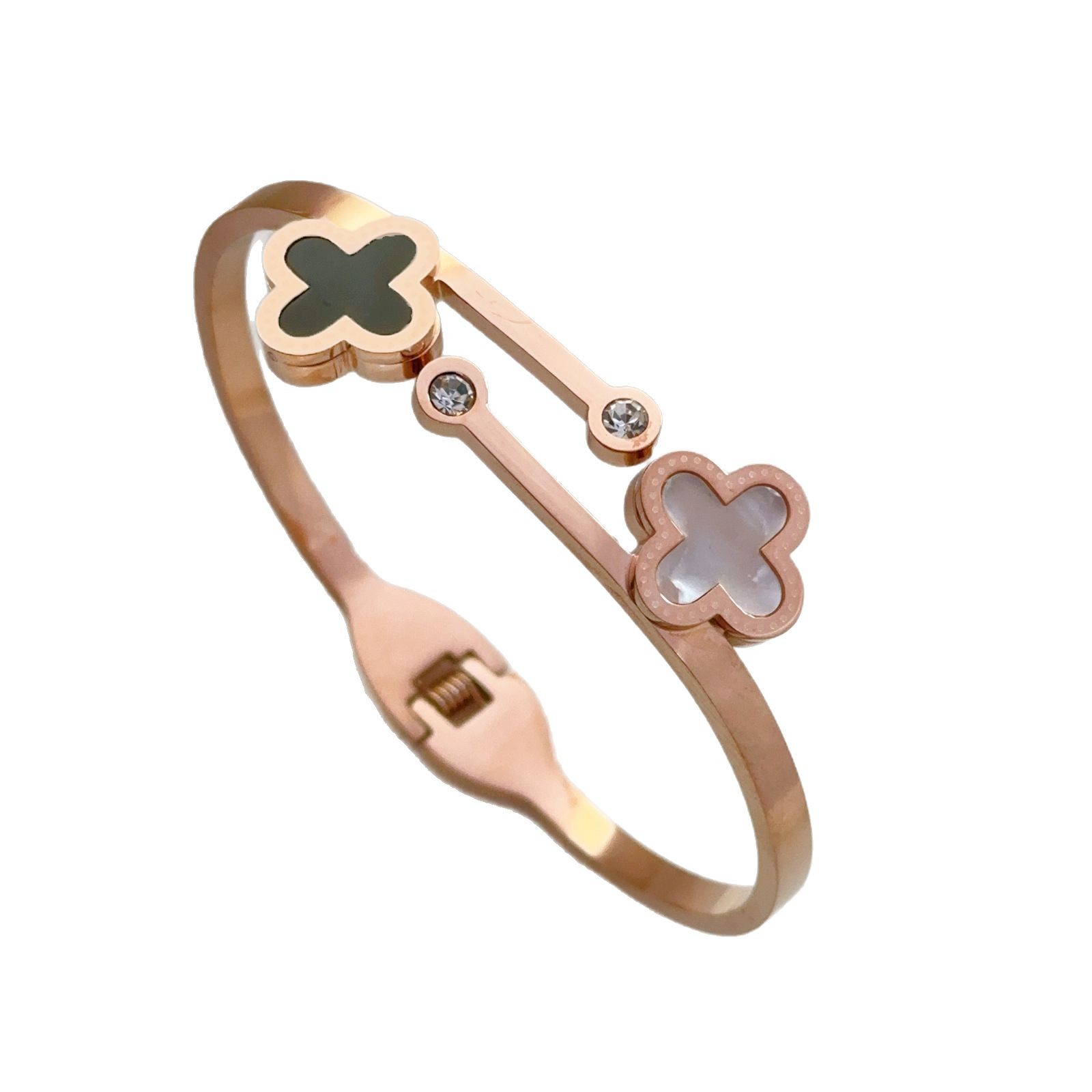 Pulsera de trébol de cuatro hojas doble en blanco y negro, pulsera abierta de concha micro dorada de acero de titanio, pulsera de todo fósforo transfronteriza femenina que no se desvanece