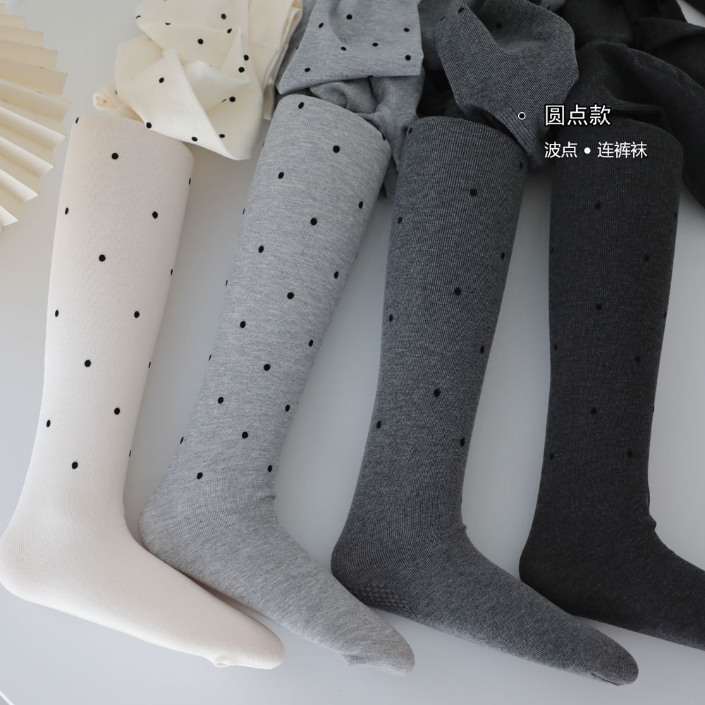 Autumn and Winter Niu Series Flocked Heart Dot Base Pantyhose, Medium-Thick Fleece-Lined Gray Milk White Fine Vertical Stripe Slimming Pantyhose