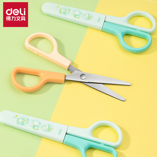Deli 6021 student handmade scissors cute cartoon children's protective cover scissors mini student scissors wholesale