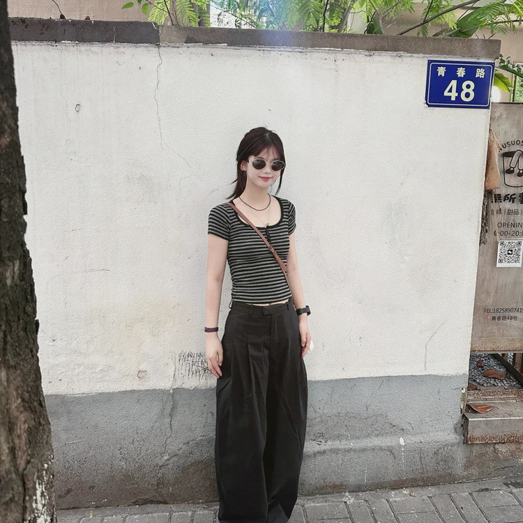 韩系复古条纹U领正肩短袖t恤女夏季2025新款修身收腰辣妹短款上衣|undefined
