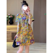 国风气质感旗袍裙女年夏季新款印花立领盘扣短袖高腰连衣裙潮