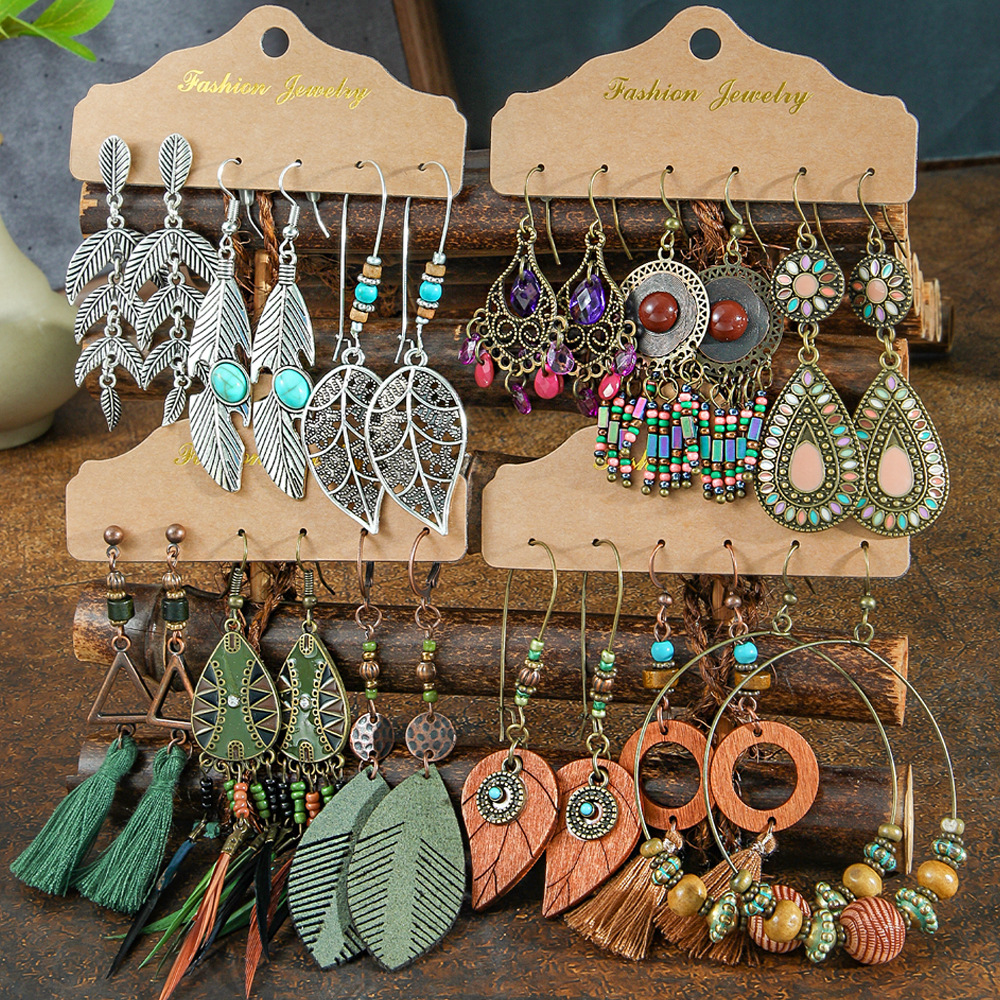 Vintage Earrings Set Combination Women's Ethnic Earrings Round Metal Tassel Earrings Cross-border Hand-woven Accessories