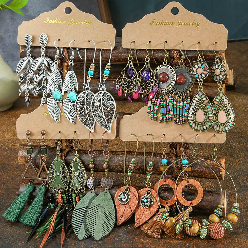 复古耳环套装组合女民族风耳饰圆形金属流苏耳坠跨境手工编织配饰