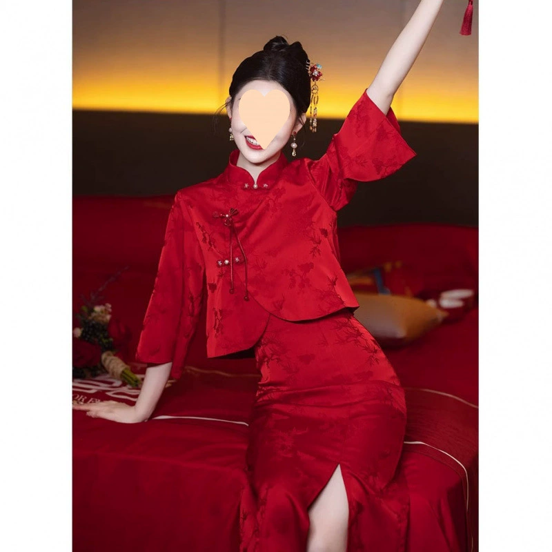 Новое китайское платье-чонсам для тостов 2025, новое бордовое свадебное платье для невесты, домашнее повседневное платье, платье для помолвки, летнее платье