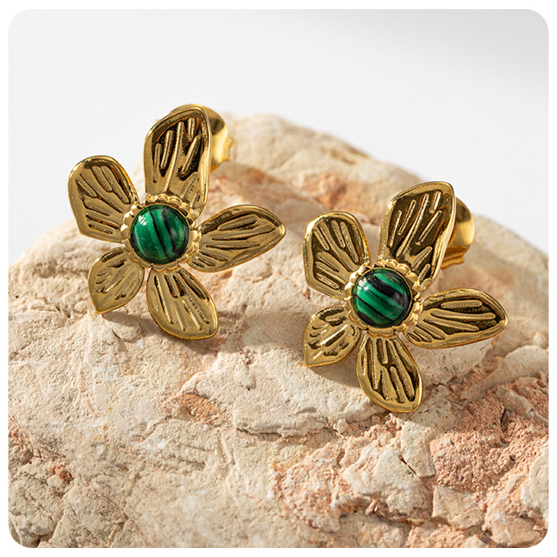 1 Par Estilo Vintage Flor Enchapado Acero Inoxidable 304 Malaquita Ágata Pendientes display picture 2