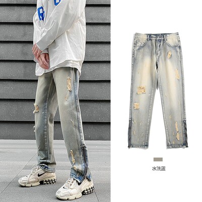 Wong washing hole Jeans American style Retro Do the old High Street Easy leisure time zipper Split ends trousers