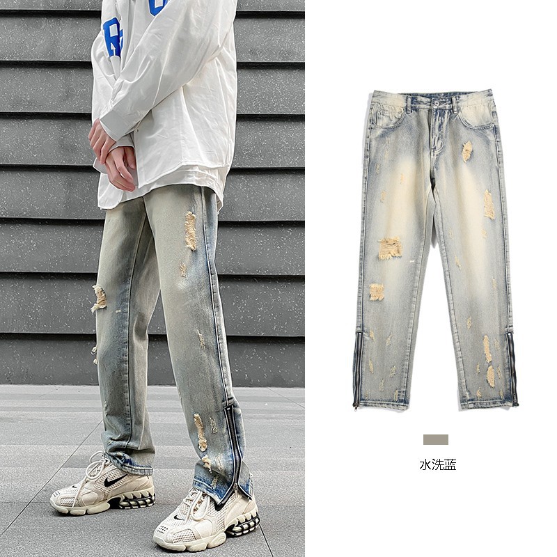 Wong washing hole Jeans American style Retro Do the old High Street Easy leisure time zipper Split ends trousers