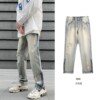 Wong washing hole Jeans American style Retro Do the old High Street Easy leisure time zipper Split ends trousers