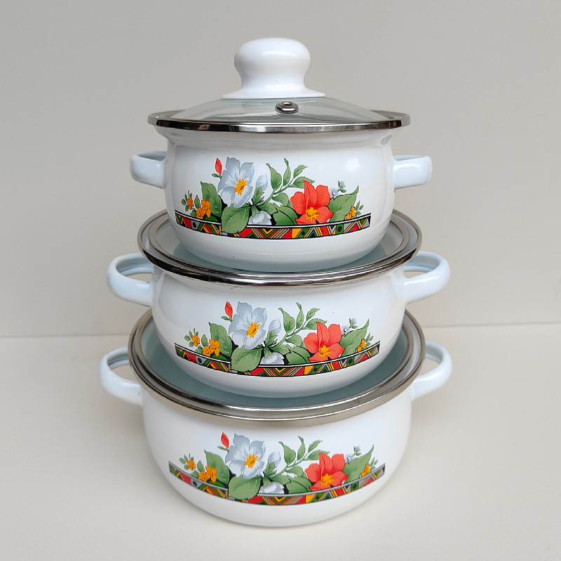 Olla de tres piezas de esmalte directo de fábrica mini olla de sopa aceite de doble oreja olla de fideos instantáneos fondo plano pequeña olla caliente