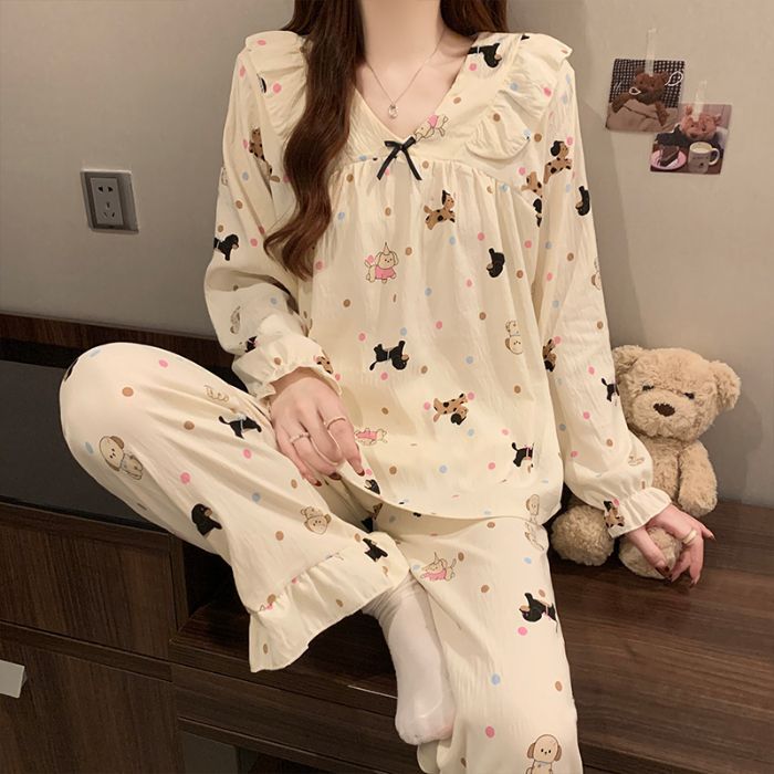 Pijamas de algodón nubes al por mayor transfronterizos de primavera y otoño de mujeres pantalones de manga larga de dos piezas con dibujos animados a rayas coreanas lindos ropa para el hogar