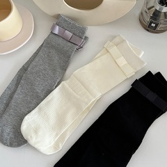 Korean Version Ballet Miu Style Bow White Socks for Girls Mid-Calf Socks Spring and Autumn Outfit Light Gray and Black Long Socks