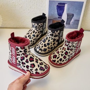 Children's Snow Boots Winter New fleece-lined Thickened Waterproof Non-slip Leopard Print Boys' Boots Large Children's Girls Cotton Shoes