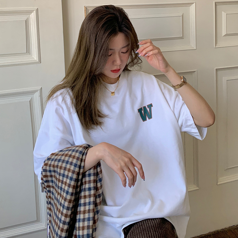 여름 신작 2023 한국식 BF 홍콩식 루즈한 레터 프린트 반팔 티셔츠 여학생 Instagram 유행 라운드 넥 탑