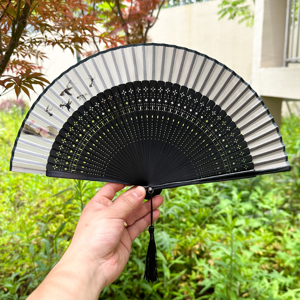 厂家现货头青丝折扇镂空扇骨荷花金鱼景区纳凉手持便携女式团扇子