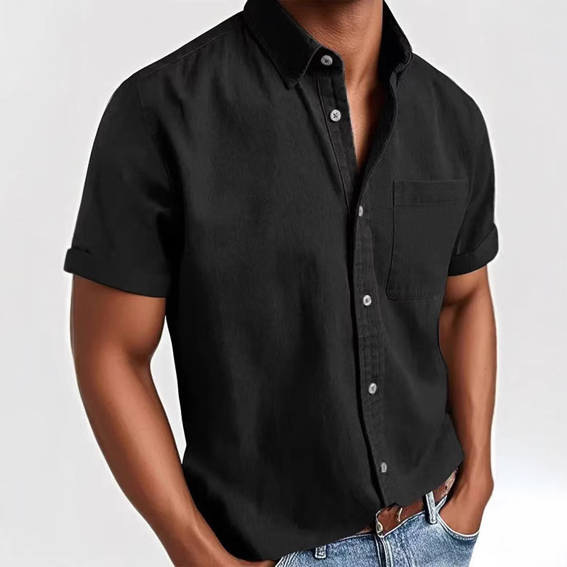 New 2022 Summer Street Style Shirt, Solid Color Washed Cardigan Short Sleeve Fashion Urban Turn-down Collar Men's Shirt_voghion.com