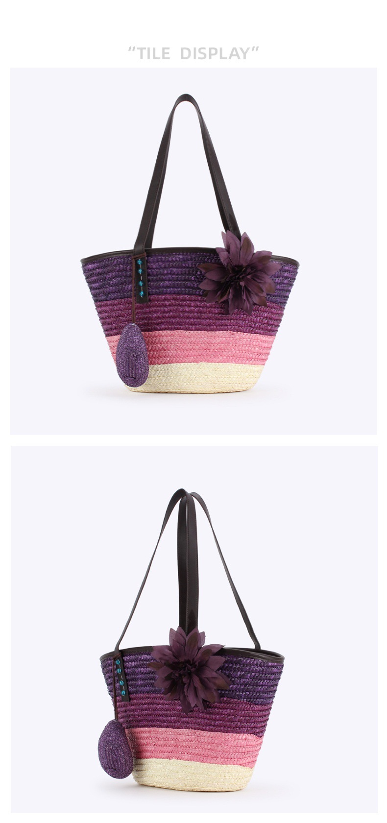 Women's Large Straw Color Block Vacation Beach Weave Bucket Zipper Beach Bag display picture 3