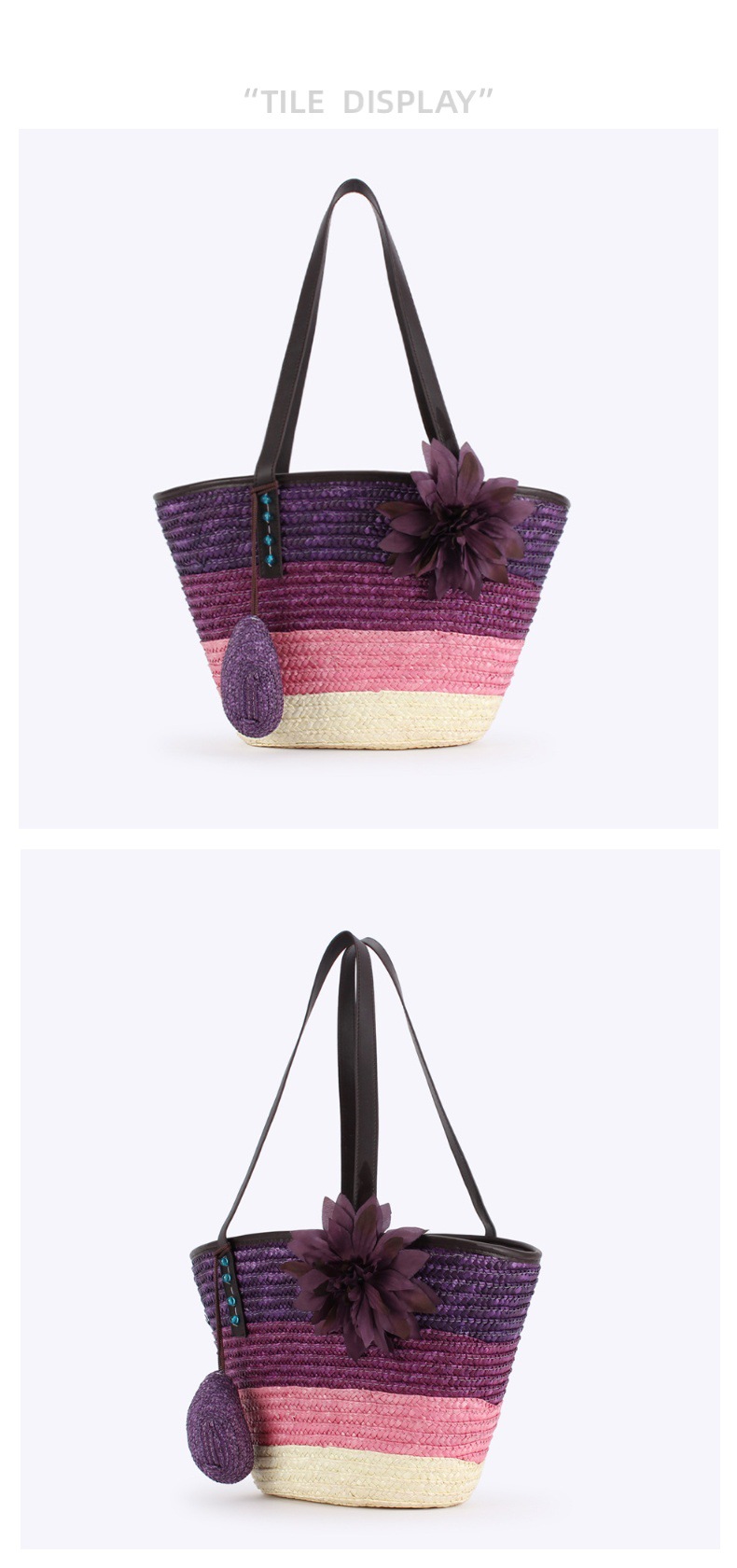 Women's Gender Vacation, Beach Style Bucket Shape Large Size Women's Large Straw Color Block Vacation Beach Weave Bucket Zipper Beach Bag