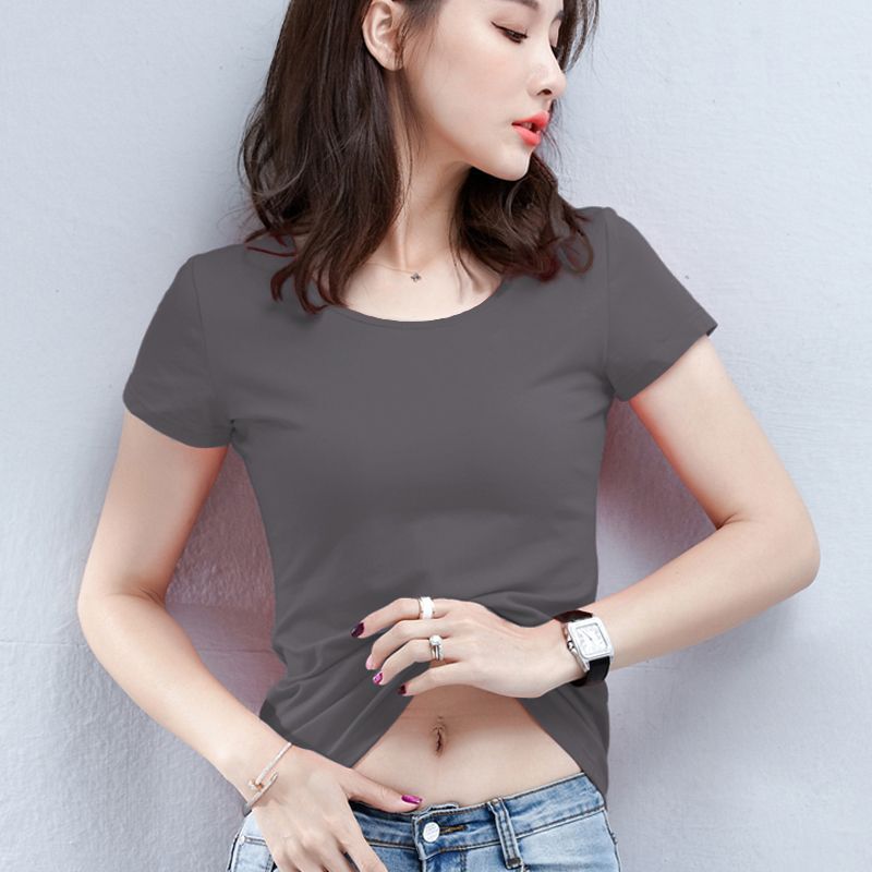 赤い肩の半袖のtシャツの女性の夏の修身の婦人服の丸首の半袖の底のシャツは年齢を減らして身の上着の卸売りを身につけます。|undefined