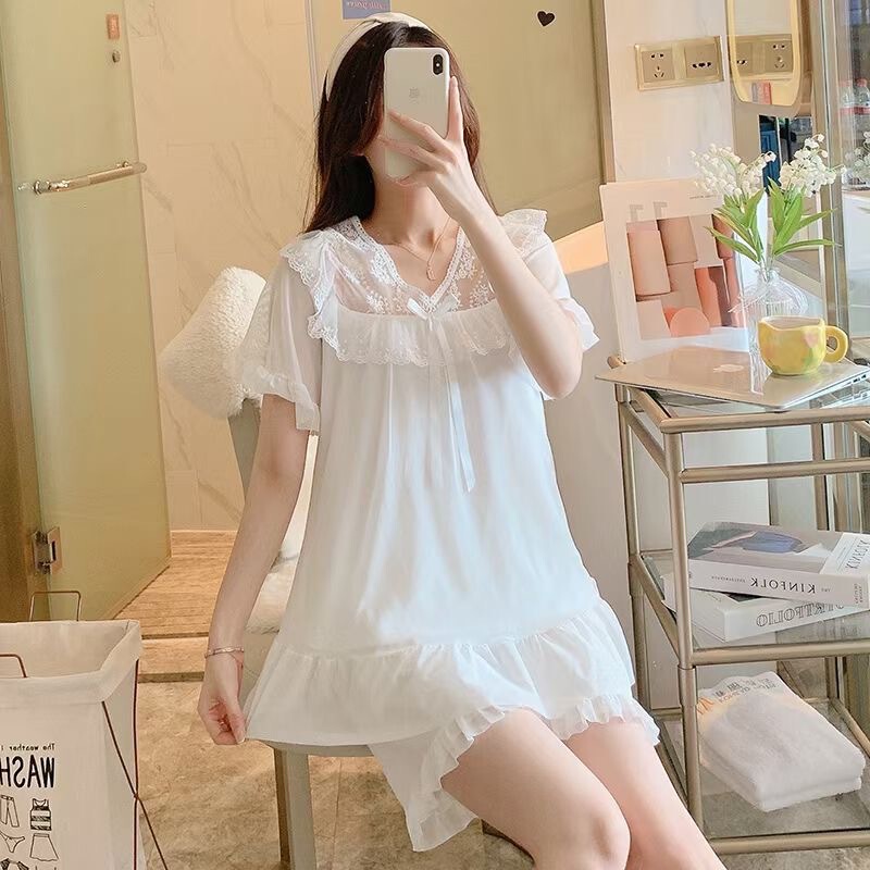 Factory wholesale pajamas live women's summer mesh lace short sleeve shorts court princess style home suit two-piece set Factory wholesale pajamas live women's summer mesh lace short sleeve shorts court princess style home suit two-piece set