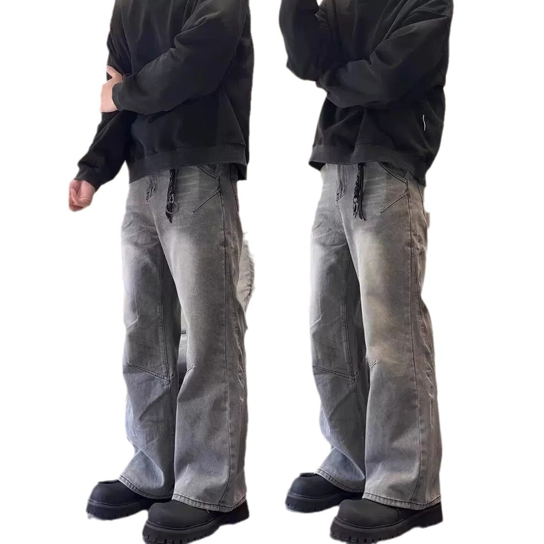 Pantalon en denim droit à jambe large pour homme, style décontracté, polyvalent, ample, délavé et usé_voghion.com