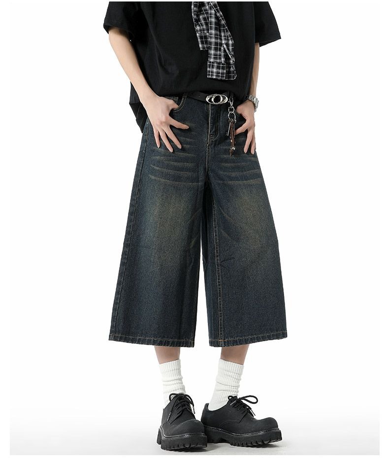 Camisas y ropa, estilo fino de verano americano, spot transfronterizo al por mayor, pantalones de mezclilla recortados holgados de pierna ancha lavados retro