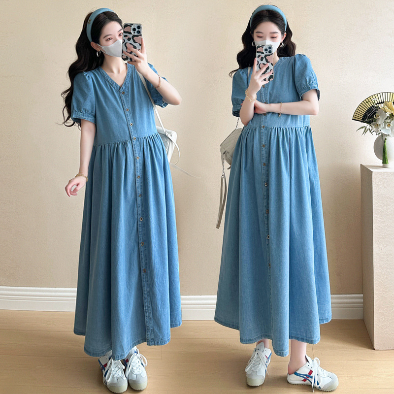 2025 Summer New Fashionable Thin Bamboo Denim Skirt Buckle Breastfeeding Trendy Mom Outfit Maternity dress