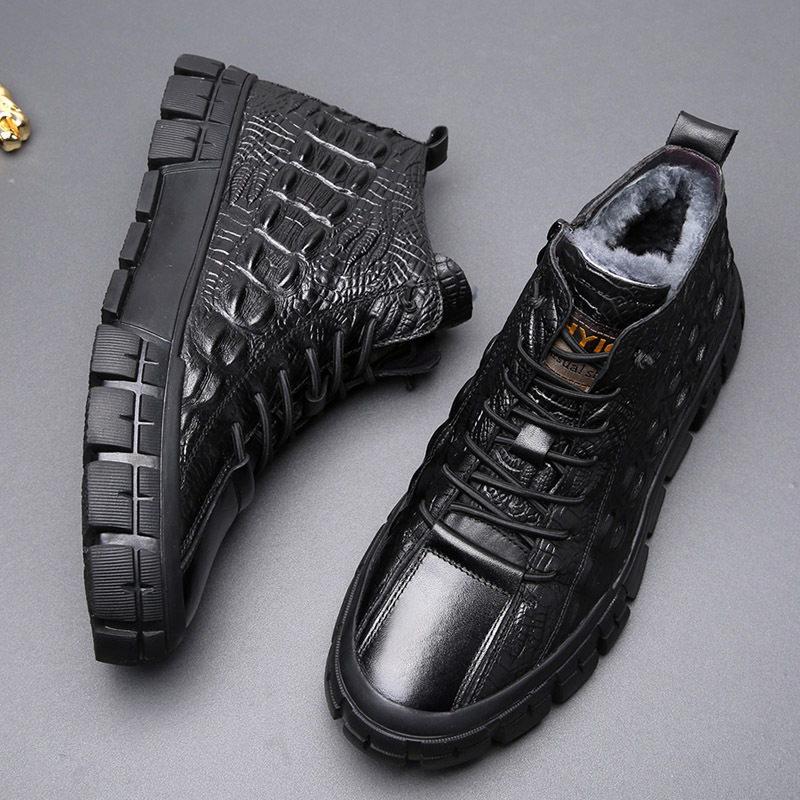 Primera capa de piel de vaca invierno nuevos hombres zapatos de algodón de lana forrada de lana caliente en relieve moda de cuero genuino zapatos de hombre en vivo